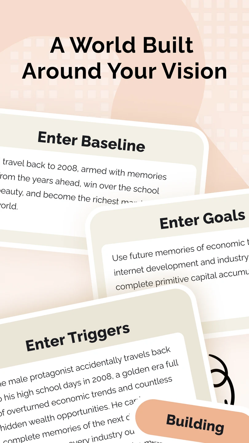 TaleTerra world-building fields for defining a custom story world's premise, goals, and triggers.